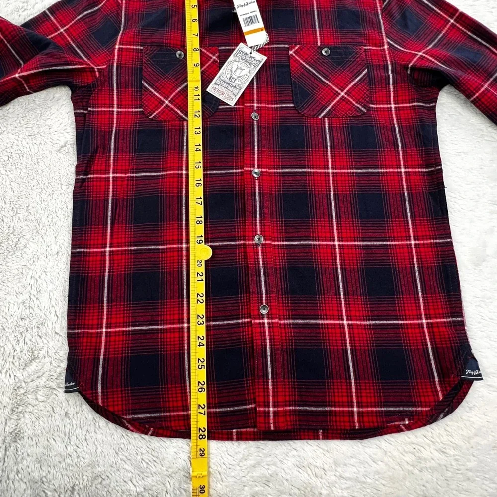 Flag & Anthem Plaid Flannel Shirt Men's SMALL Red Navy Blue Cotton HO19WS232 NWT